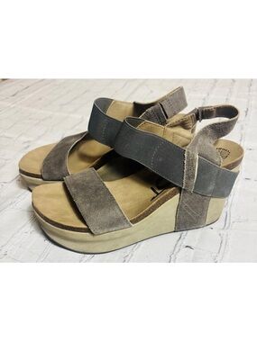 OTBT Bushnell Gray Leather & Textile Strap Platform Wedge Sandal Womens 8M